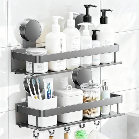 ONXE Suction Cup Shower Caddy,2 Pack Spice Rack No-trace for Bathroom with 5 Hook Rack for Smooth Wall, Seasoning Organizer Stuff Storage Shelf,Home Kitchen Accessories Gadgets