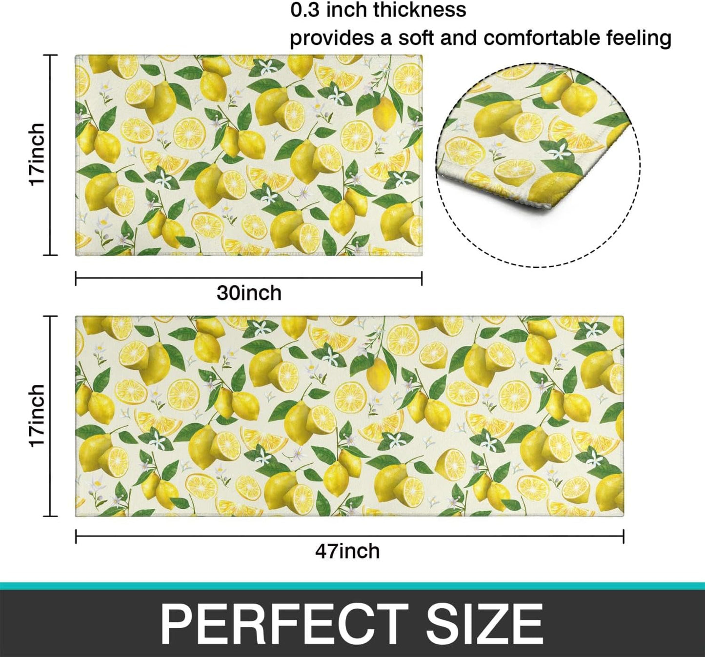 2 Piece Lemon Kitchen Decor Rugs Set, Farmhouse Country Kitchen Rugs and Mats Non Skid Washable Absorbent Microfiber Kitchen Accessories Decoration Floor Mats 17"x47"+17"x30"