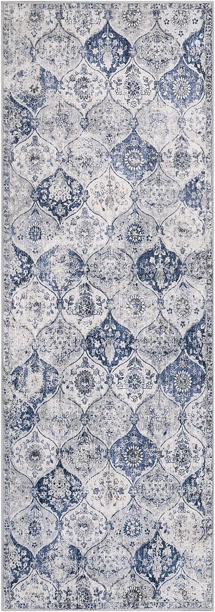 Lahome Moroccan Trellis Washable Runner Rug, 2x6 Kitchen Runners for Hallways 6 Feet Non Slip, Vintage Laundry Room Rug Ultra-Thin Long Carpet for Bathroom Bedroom Entryway, White/Royal Blue