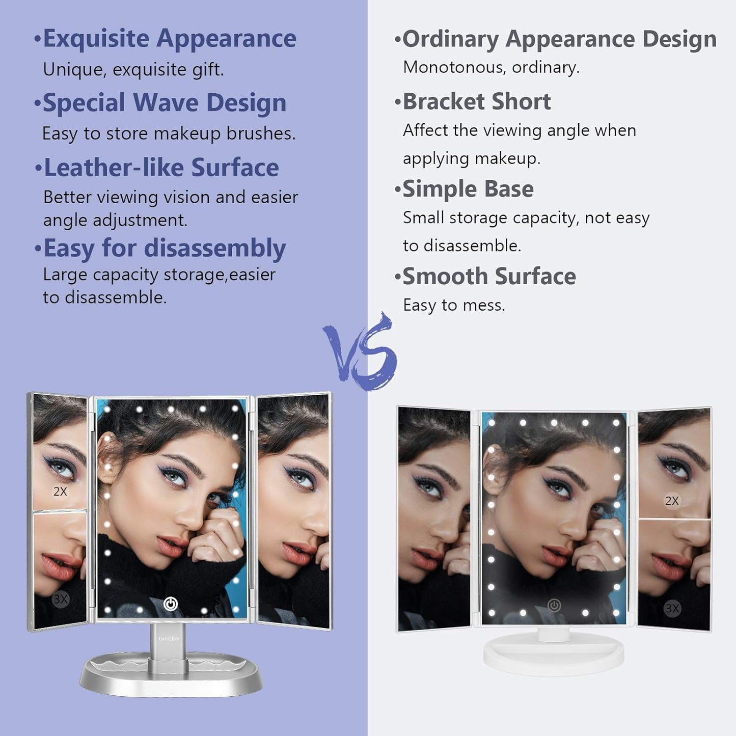 deweisn Trifold Lighted Vanity Makeup Mirror with 21 LED Lights,1/2/3 Magnification and Dimming,Two Power Supplies Makeup Mirror,Gift for Women