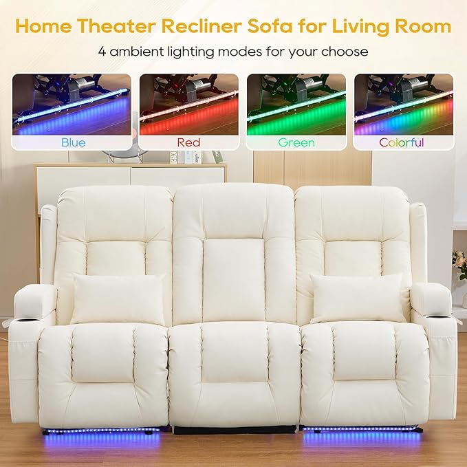 IPKIG 76" Power Reclining Sofa, Electric Home Theater Seating with Flipped Middle Backrest/LED Lighting/USB Ports/Built-in Outlets, Dual Recliner Sofa 3 Seater for Living Room RV (Off-White)