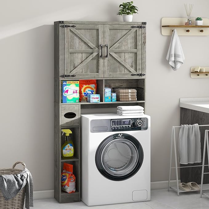 Over The Toilet Storage Cabinet, Farmhouse Storage Cabinet Over Toilet with Barn Doors & Toilet Paper Holder Stand，Home Space-Saving Toilet Rack, for Laundry, Bathroom, Restroom.Grey Oak