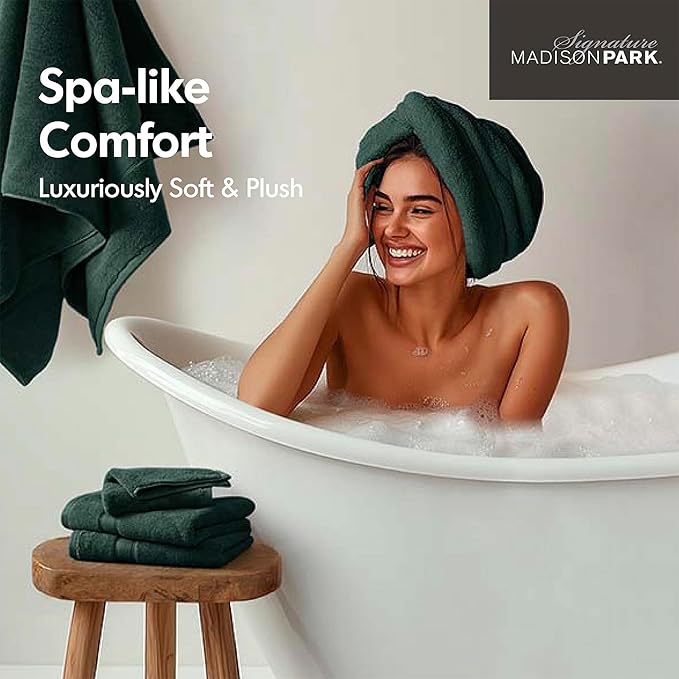 Madison Park 800GSM Bathroom Towel Set of 8 100% Cotton Bath Towel Set for Bathroom Luxurious Highly Absorbent 2 Bath Towels 2 Hand Towels 4 Washcloths Quick Dry Spa Quality Dark Green