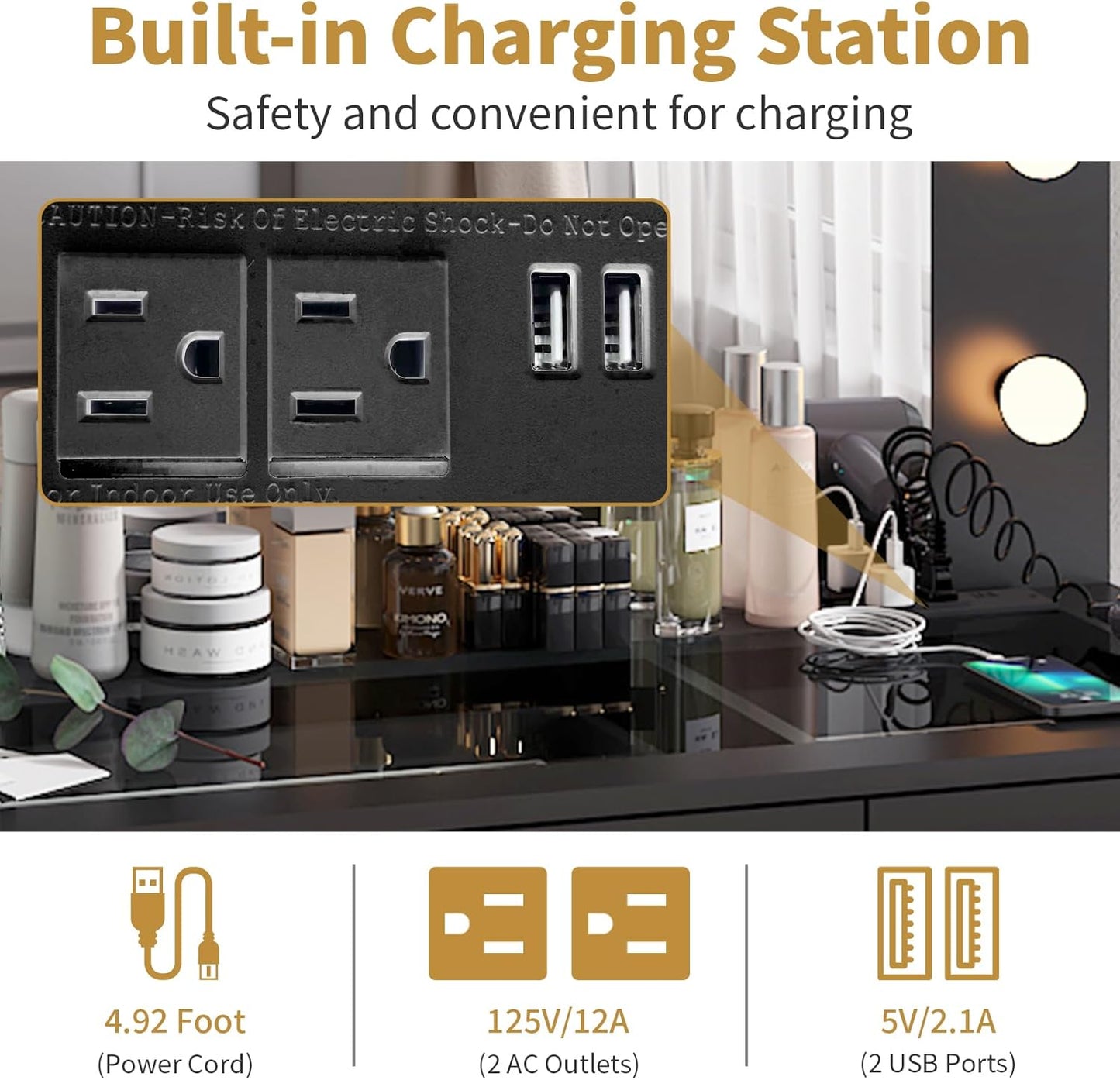 Karl home Vanity Desk with Large Lighted Mirror & Powre Outlet, Glass Tabletop Makeup Vanity Set with 3 Drawers & 2 Cabinet, 45.3" Make up Dressing Table with 12 Lights for Bedroom, Black