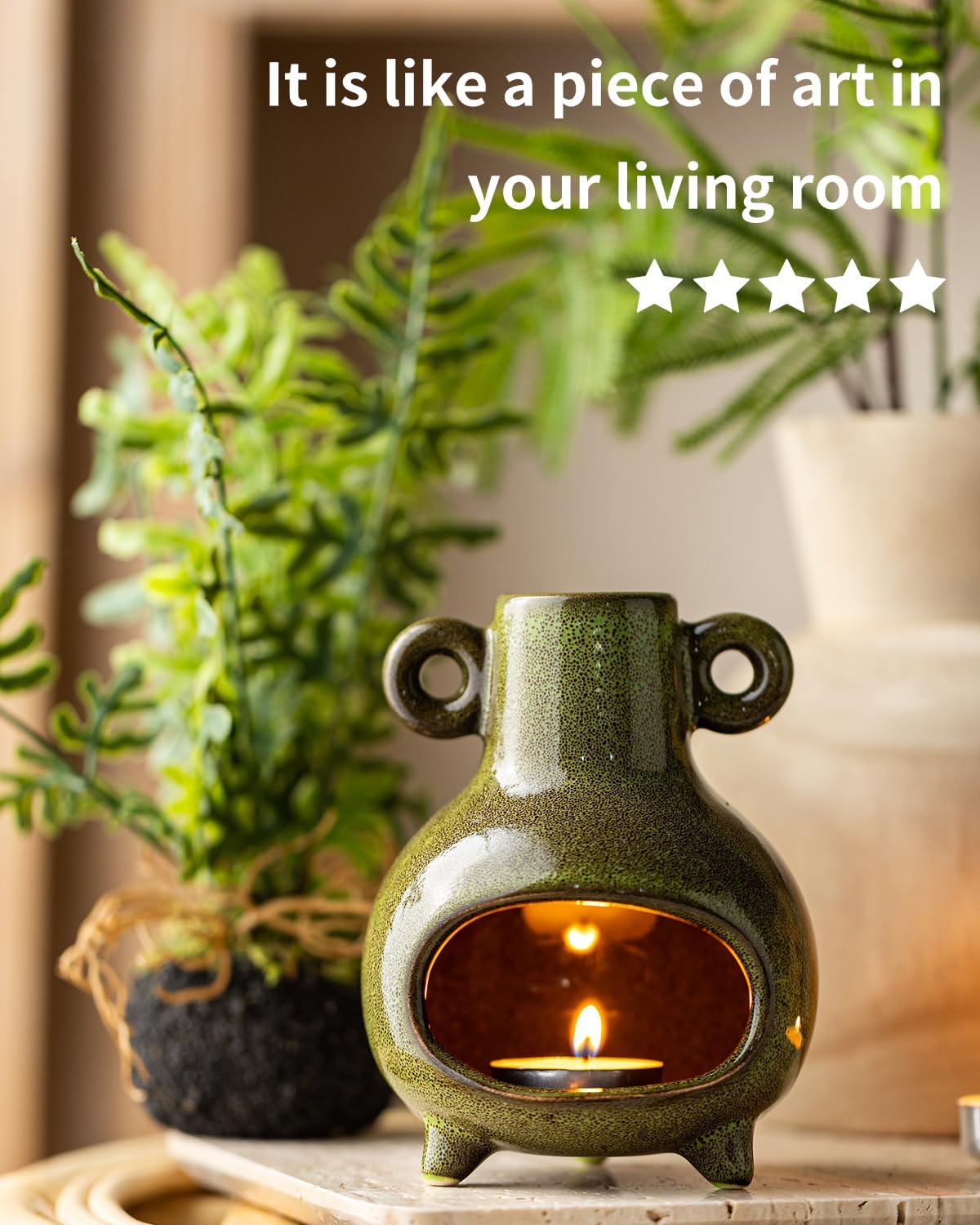 Ceramic Palo Santo Holder, Modern Incense Holder Burner for Sticks Sage Bundles Cone Incense, Chimenea Incense Dish for Meditation Decor, Green