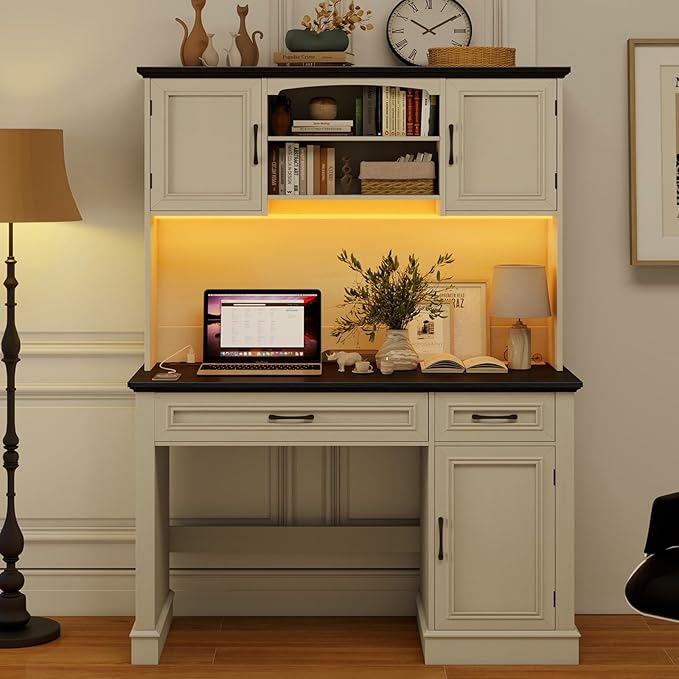 Farmhouse 47" Executive Desk with Hutch, 2 Drawers and LED Light, Computer Desk with Storage Cabinet and Charging Station,Workstation for Home Office and Study.