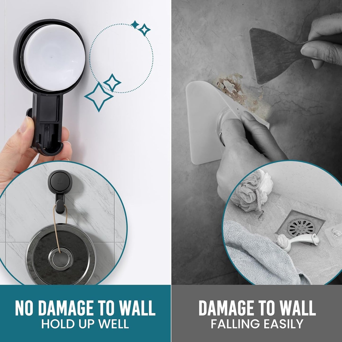 TAILI 4 Pack 360° Rotatable Powerful Suction Cup Shower Hooks for Towel, Loofah, Damage-free Hanging Versatile Wall Hooks for Inside Bathroom, Decoration, Removable Suction Holders, Easy to Use, Black