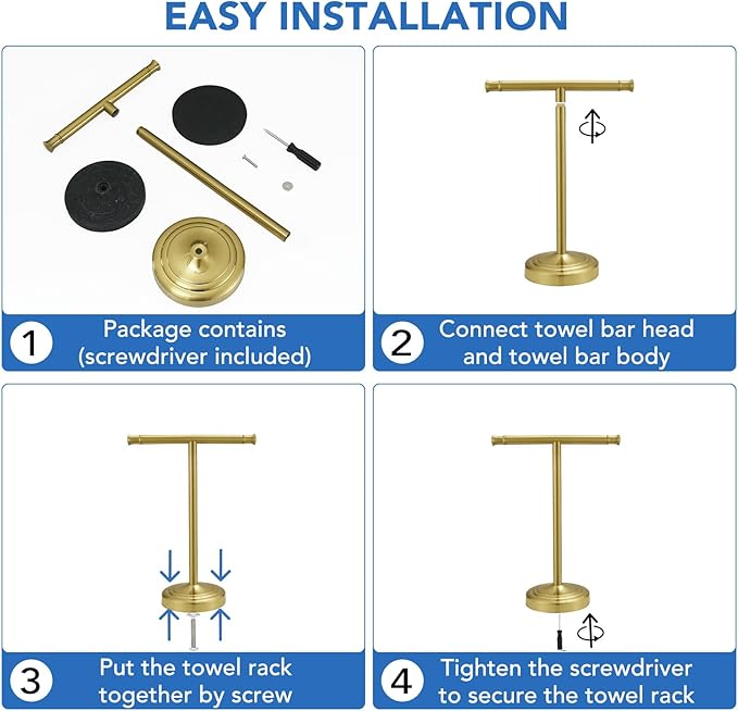 RUMOSE 13 Inch Brushed Gold Towel Stand Hand Towel Holder Bathroom Kitchen Vanity Countertop T-Shape Towel Rack Free Standing Stainless Steel Towel Bar Towel Ring