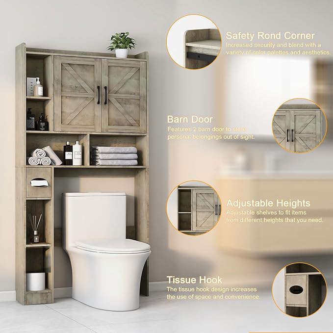 Over The Toilet Storage Cabinet, Farmhouse Storage Cabinet Over Toilet with 2 Barn Door & Toilet Paper Holder Stand，Home Space-Saving Toilet Rack, for Bathroom, Restroom, Laundry