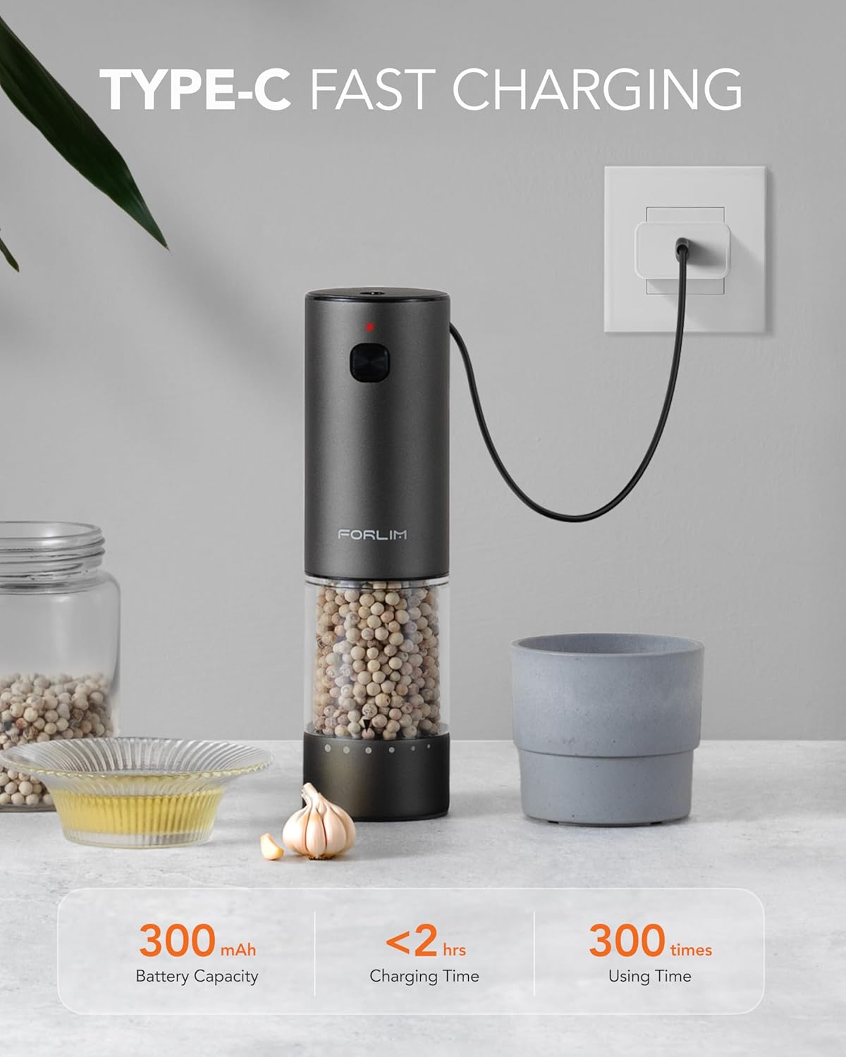 FORLIM 2-Speed Electric Salt And Pepper Grinder Set, External Rotation To Adjust Coarseness, Rechargeable Aluminum Alloy Pepper Mill With Base, One-Button Automatic Grinding, Washable Container