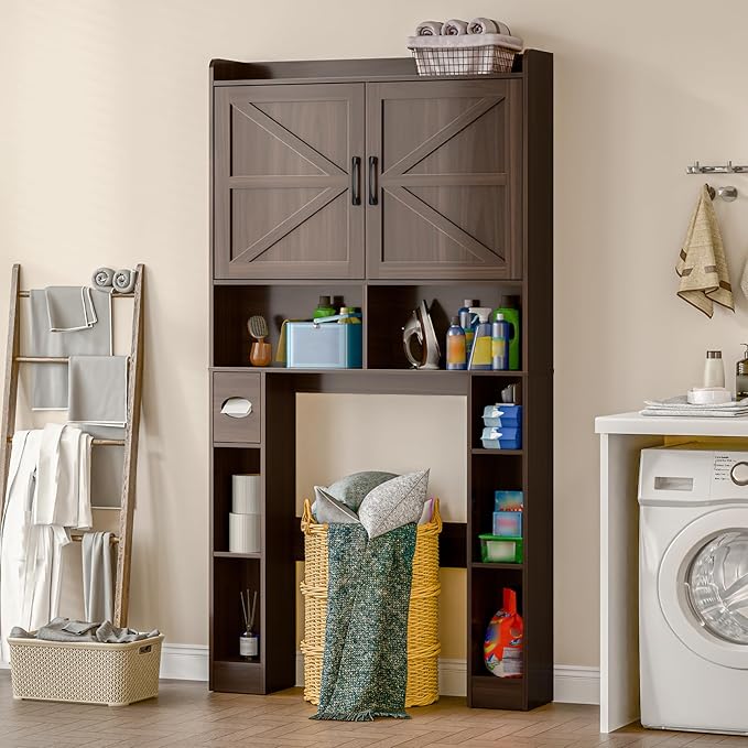 Over The Toilet Storage Cabinet, Farmhouse Toilet Cabinet Rack with Barn Doors, Space Saving Bathroom Organizer with Shelves, Toilet Paper Holder and Towel Rack for Bathroom,Restroom,Laundry,Espresso
