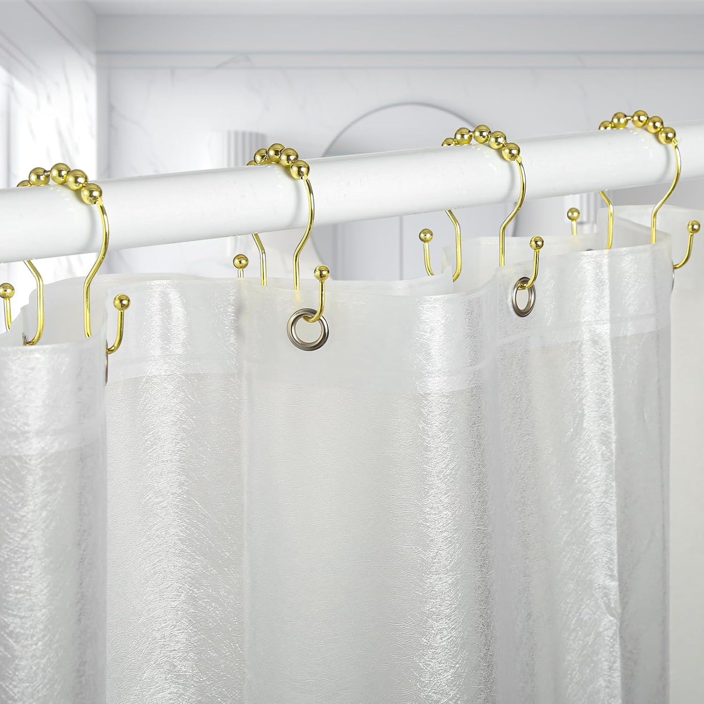 Goowin Shower Curtain Hooks, 12 Pcs Shower Curtain Rings, Stainless Steel Gold Shower Curtain Hooks Rings Rust Proof, Smooth Sliding Anti-Drop Double Shower Hooks for Shower Curtain, Rods (Gold)