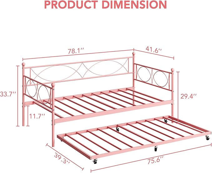IDEALHOUSE Twin daybed with Trundle, Metal Twin Daybed and Trundle Set, Day Bed Sofa Bed Frame with Steel Slat Support, Multifunctional Daybed Frame for Bedroom (Modern - Pink)