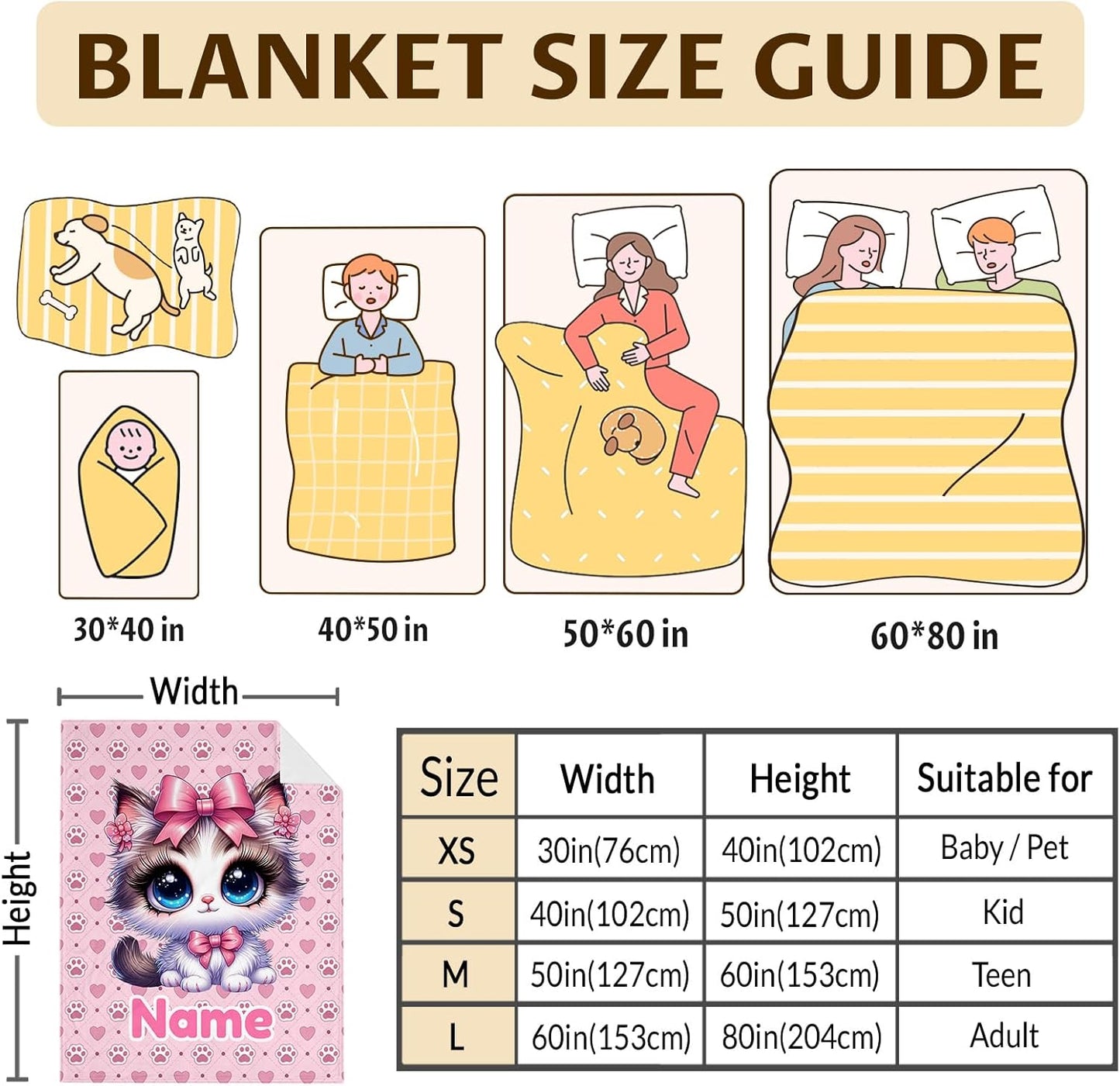 Kids Throw Blanket Personalized Cat Blanket for Girls Women, Soft Warm Lightweight Blankets for Bed Living Room Home Decor Travel