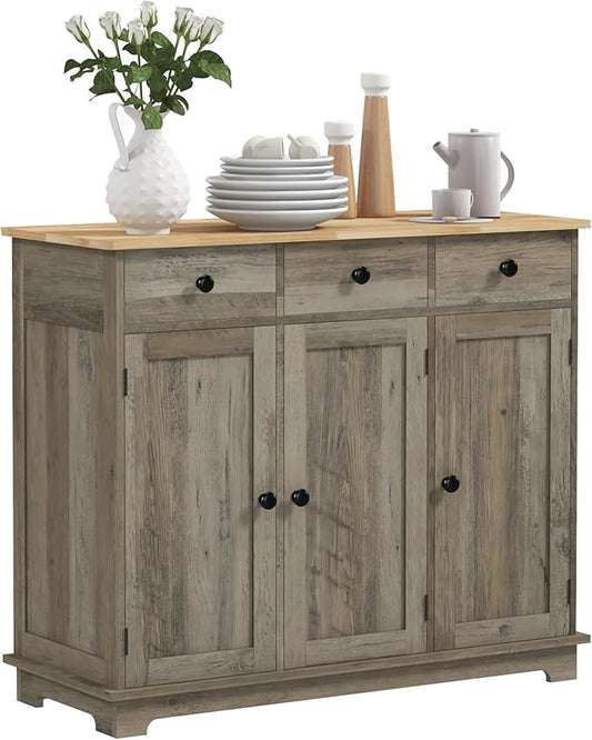 HOMCOM Sideboard with Solid Wood Countertop, Modern Kitchen Storage Cabinet, Coffee Bar Cabinet with 3 Drawers, Doors and Adjustable Shelf, Distressed Gray