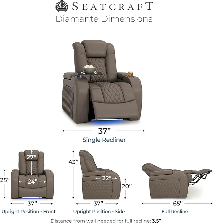 Seatcraft Diamante Zero-Gravity CoolZero Italian Leather Home Theater Seating, Power Headrest, Power Recline, Single Recliner, Gray
