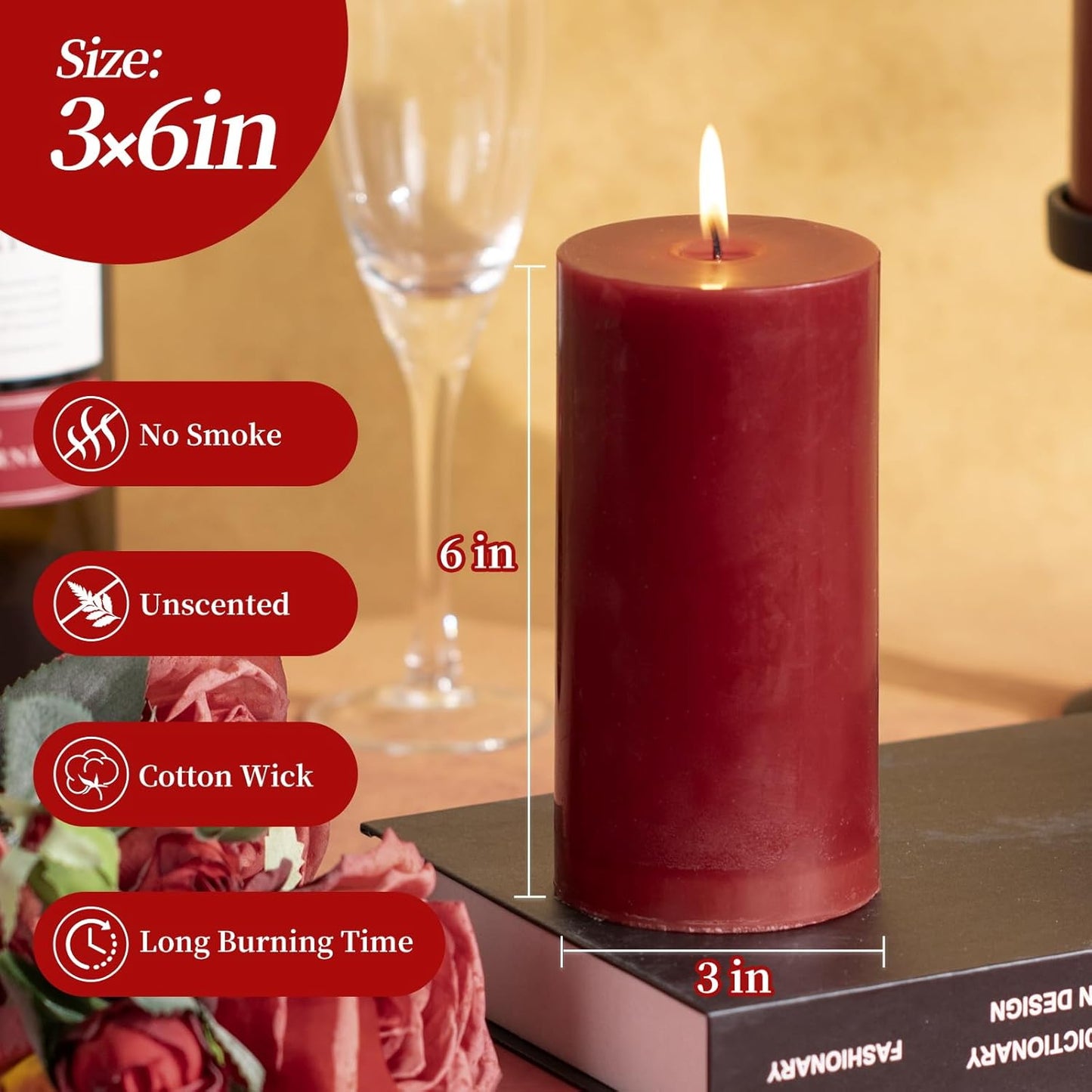 KONNI Dark Red Pillar Candles Set of 3, 3"x 6" Unscented Pillar Candles Bulk, 56 Hours Long Burning Candles, Smokeless&Dripless Large Round Candle for Wedding, Home Decoration, Parties, Spas, Dinner