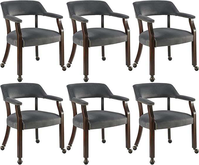 Dinning Chairs with Wheels and Arms Set of 6, Solid Wood Office Desk Chairs with Frosted Velvet Upholstered, Classic Swivel Accent Chairs, 31.5" H Boss Caption's Chair, Periwinkle XXY-HT22-PW
