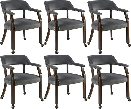 Dinning Chairs with Wheels and Arms Set of 6, Solid Wood Office Desk Chairs with Frosted Velvet Upholstered, Classic Swivel Accent Chairs, 31.5" H Boss Caption's Chair, Periwinkle XXY-HT22-PW