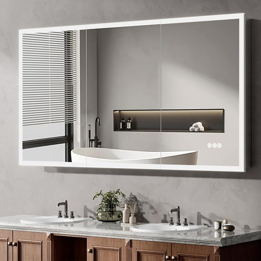 60"x32" Medicine Cabinet Mirror, LED Lighted Medicine Cabinet with Electrical Outlet＆USB, Anti-Fog, 3 Colors Temperature Stepless Dimmable, Aluminum Cabinet for Storage and Mordern Decor