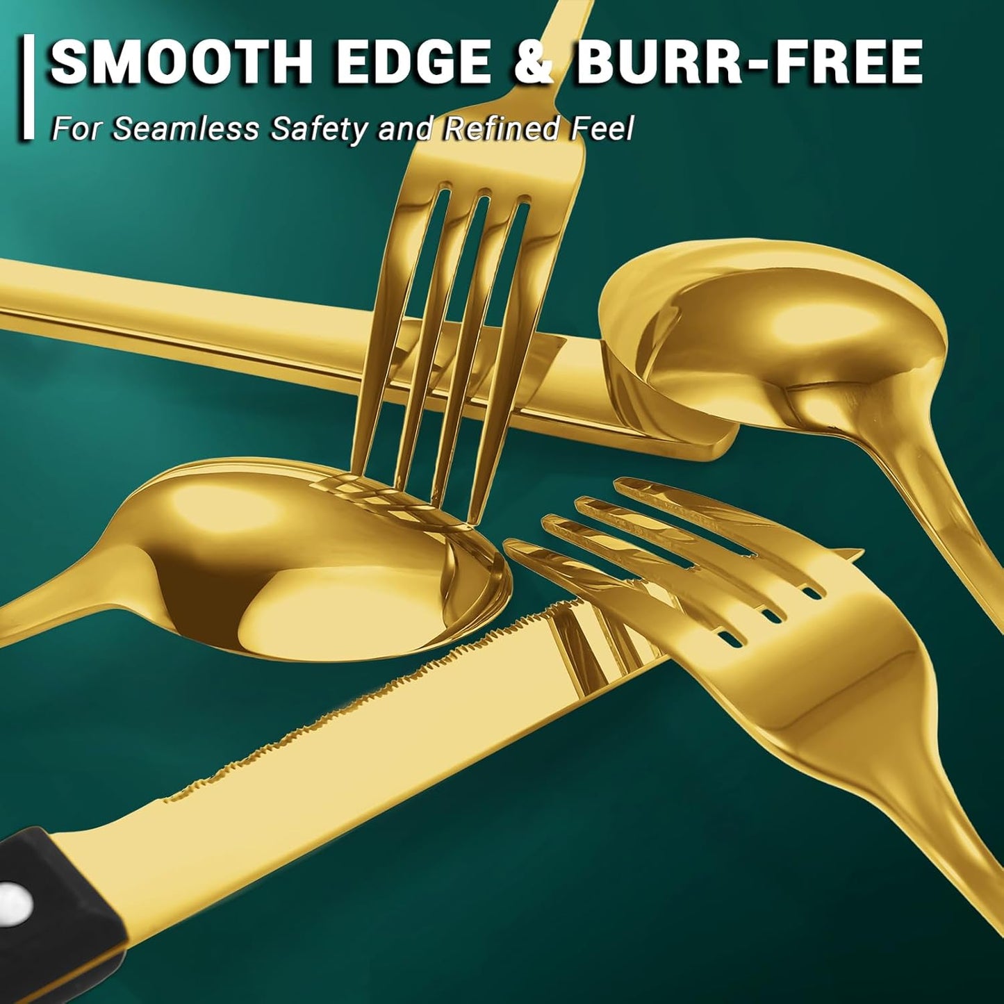 BEWOS 48-Pieces Gold Silverware Set for 8 - Stainless Steel Flatware Set with Mirror Polish, Silverware Sets Including Steak Knives, Forks and Spoons, Dishwasher Safe for Restaurant