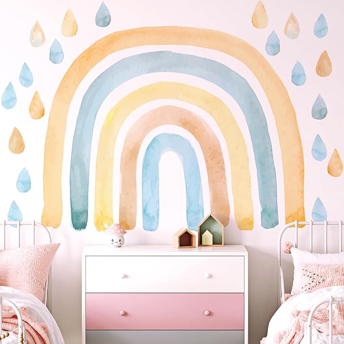 Large Watercolor Rainbow Wall Decals, Raindrops Peel and Stick Fabric Nursery Wall Decor, Removable Home Room Wall Decor Murals Stickers for Kids Girls Toddler Bedroom Living Room Playroom
