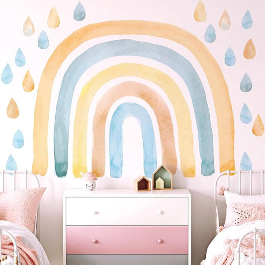 Large Watercolor Rainbow Wall Decals, Raindrops Peel and Stick Fabric Nursery Wall Decor, Removable Home Room Wall Decor Murals Stickers for Kids Girls Toddler Bedroom Living Room Playroom