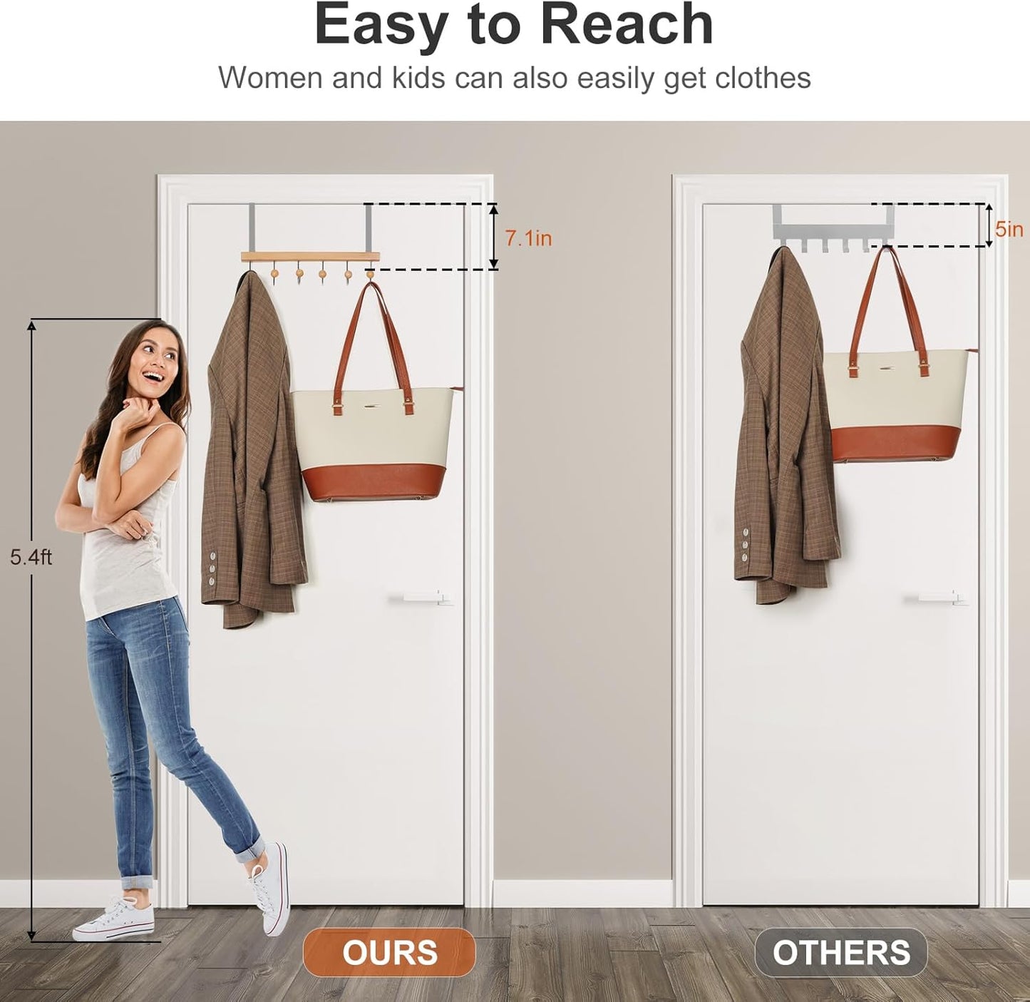 TOPIA HANGER Over The Door Hooks for Hanging, Towel Hooks Towel Racks for Bathroom, Coat Hooks Coat Rack Over The Door Organizer Hanging, Wooden Door Hangers for Coat Towel Hat Purse CT71N