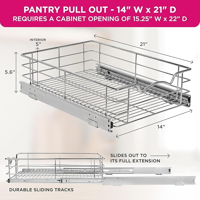 HOLDN’ STORAGE Pull Out Cabinet Organizer, Individual Sliding Drawers - Heavy Duty Metal with Lifetime Limited Warranty - Anti Rust Chrome Finish (Single Tier, 14" W)