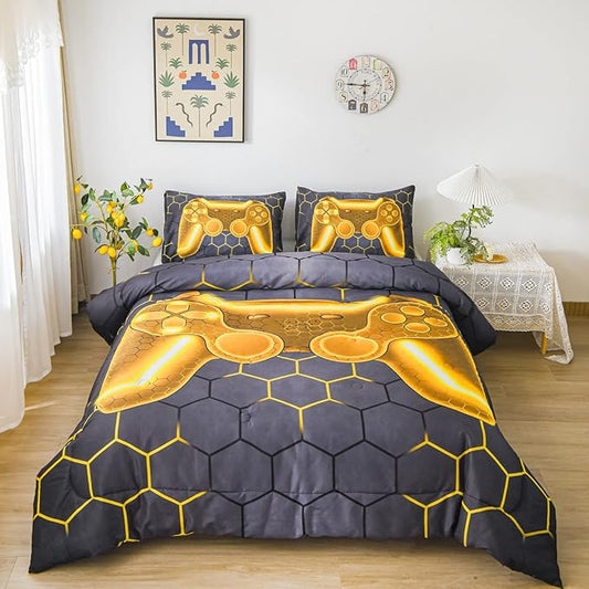 NTBED Game Console Comforter Set for Boys Girls Kids 3D Gaming Geometric Lightweight Microfiber Bedding Sets (Gold, Twin)