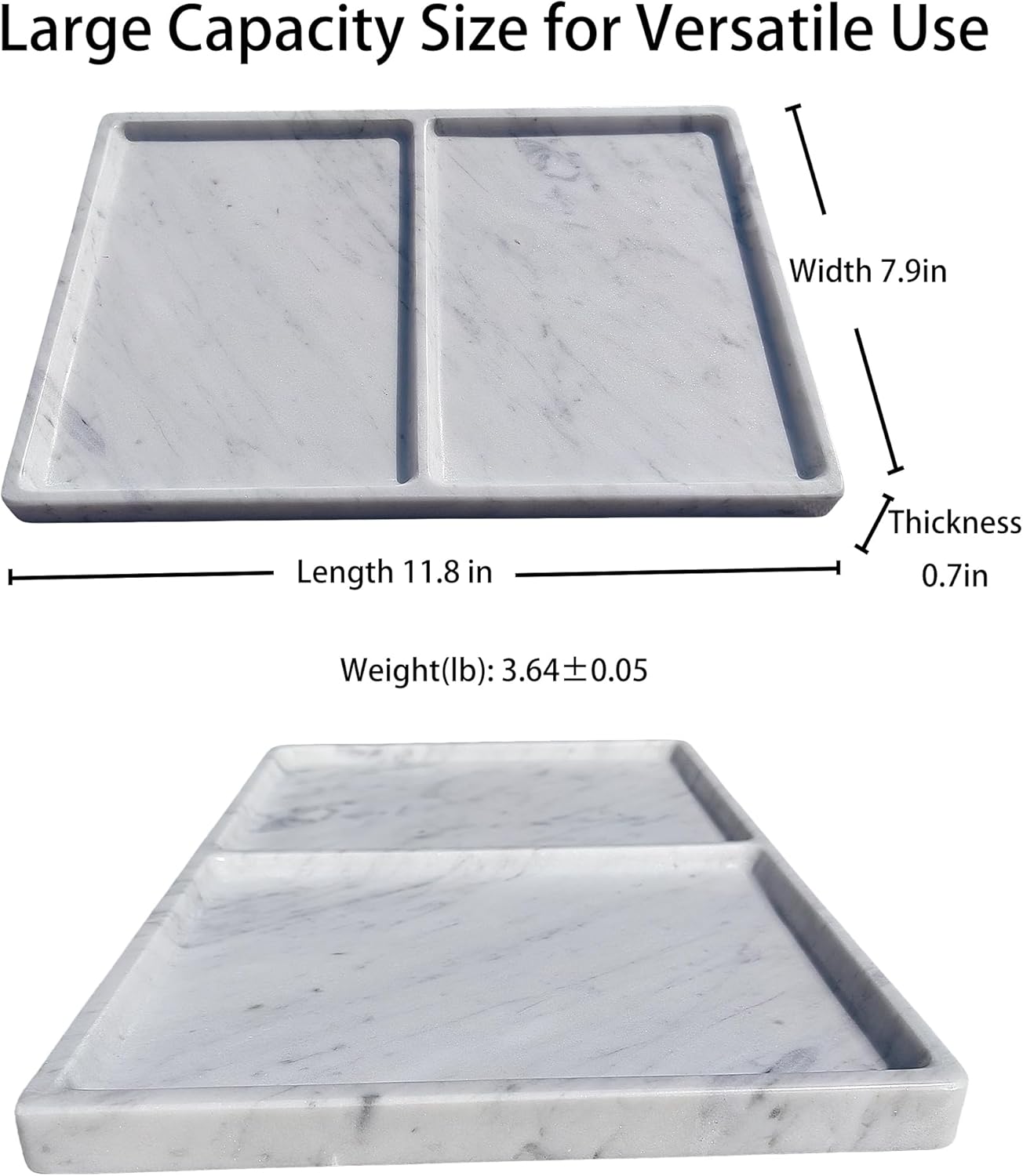 11.81"x7.87" Marble Decorative Tray with Dual Compartments – Catchall Organizer for Jewelry, Cosmetics, Soap – Polished Stone Dresser Vanity Tray for Bathroom, Entryway, Office – Calacatta White