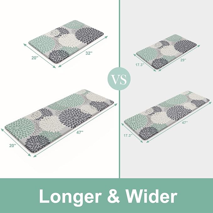 KIMODE Cushioned Anti Fatigue Rugs Sets of 2, Ergonomic Standing Kitchen Mat 2PCS, Boho Kitchen Mats for Floor Stain Resistant, Non Slip Kitchen Sink Rug Waterproof, 20"x32"+20"x47", Teal