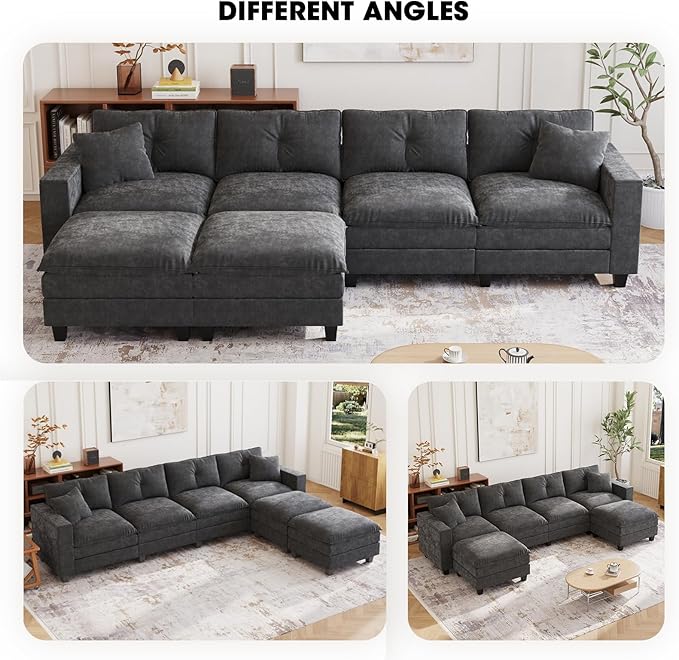 137",U Shaped Couch,Modern Modular Sectional Sofa, 4-Seater Comfy Cloud Couch with Two Movable Ottoman & Throw Pillows for Living Room, Bedroom and Apartment, Dark Gray