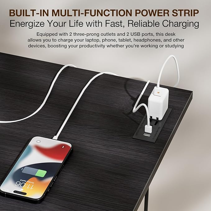 TEMI Small Computer Desk Folding Table - No Assembly, Compact 43.3" Foldable Desk with Power Outlets & USB Charging Port, Portable Small Office Desk, Ideal Mini Study Table, Charcoal Wenge