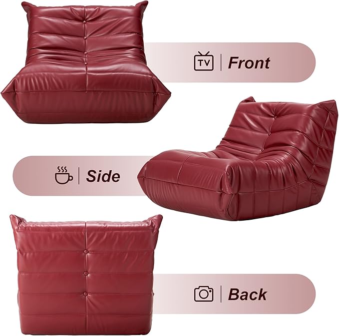 Hobestluk Giant Bean Bag Chair Lazy Floor Sofa, Memory Foam Fireside Sofa for Adults, Big Beanbag Faux Leather Armless Chair for Living Room Bedroom Dorm Office (WineRed, Single)