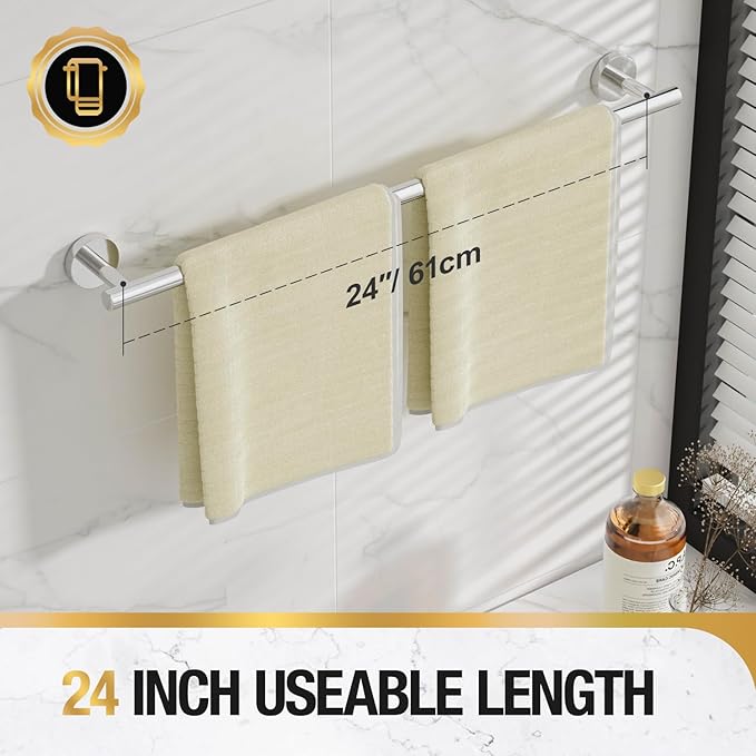 HITSLAM Chrome 25.7 Inch Towel Bar for Bathroom, SUS304 Stainless Steel Bathroom Towel Rack Wall Mounted, Modern Home Decor Bath Towel Holder with Hardware Accessories