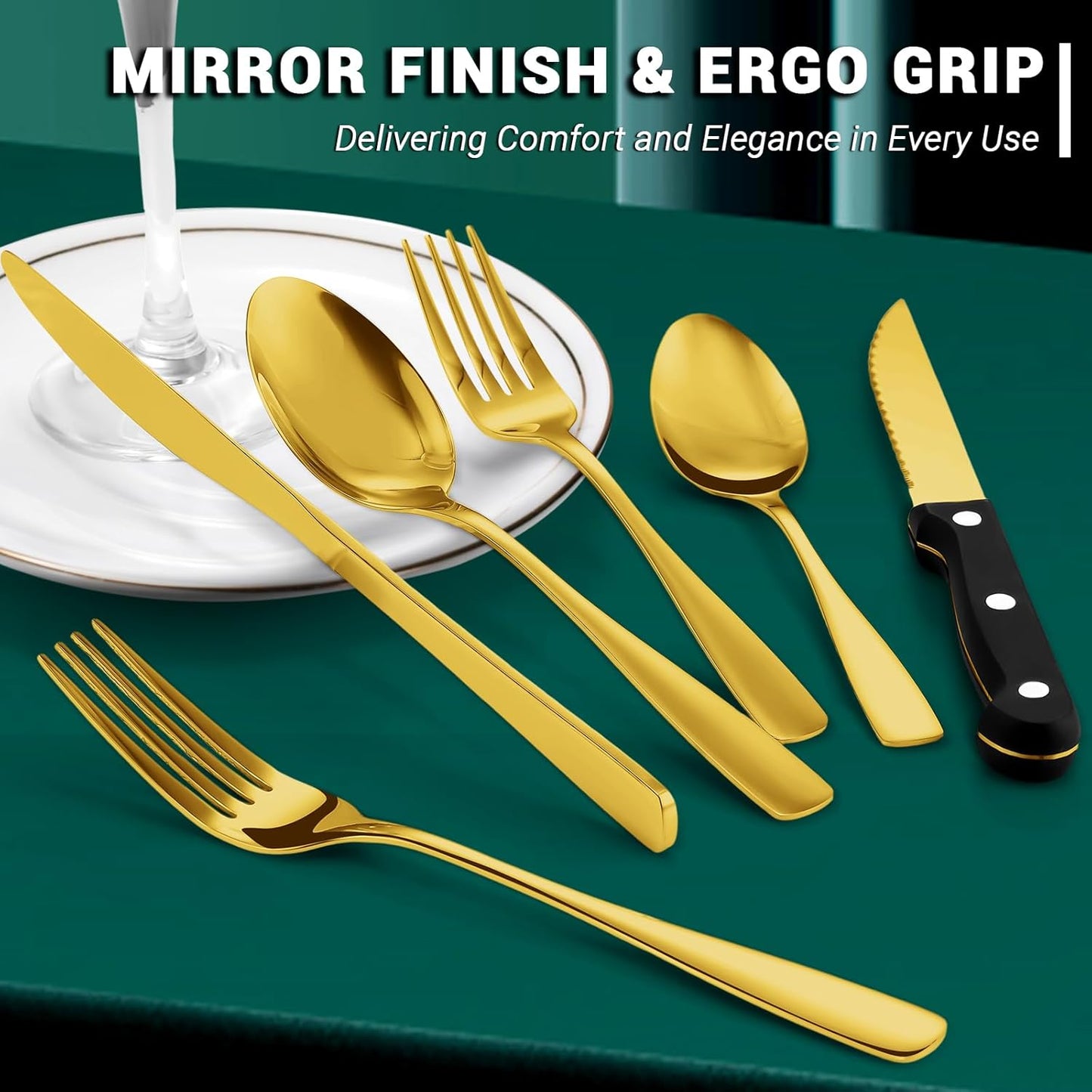 BEWOS 72-Pieces Gold Silverware Set for 12 - Stainless Steel Flatware Set with Mirror Polish, Gold Silverware Set Including Steak Knives, Forks and Spoons, Dishwasher Safe for Restaurant