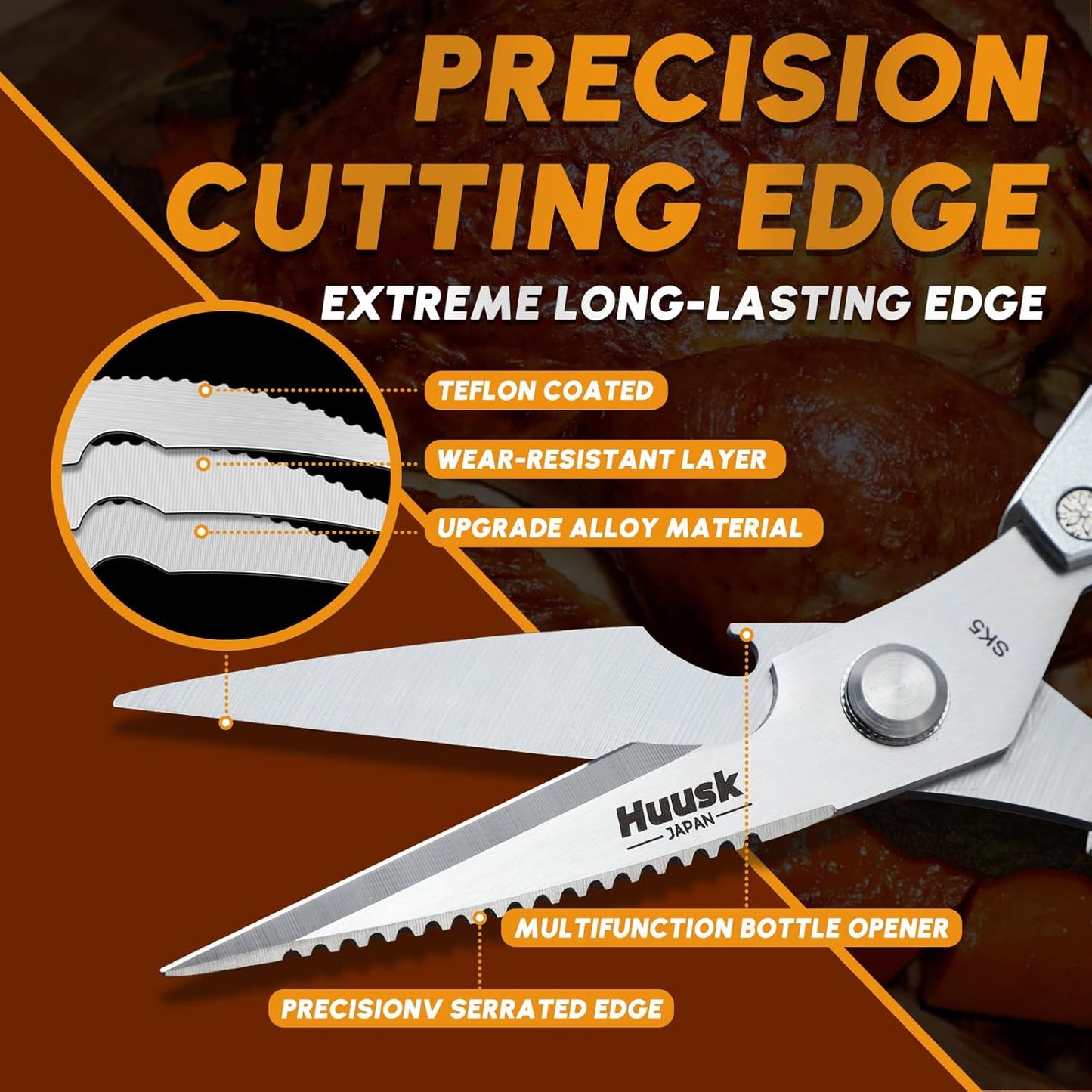 HUUSK Kitchen Scissors all Purpose - Stainless Steel Kitchen Shear, Sharp Silver Meat Scissors Dishwasher Safe, Heavy Duty Poultry Shears, Japanese Cooking Scissor for Food, Chicken Bones, and Turkey