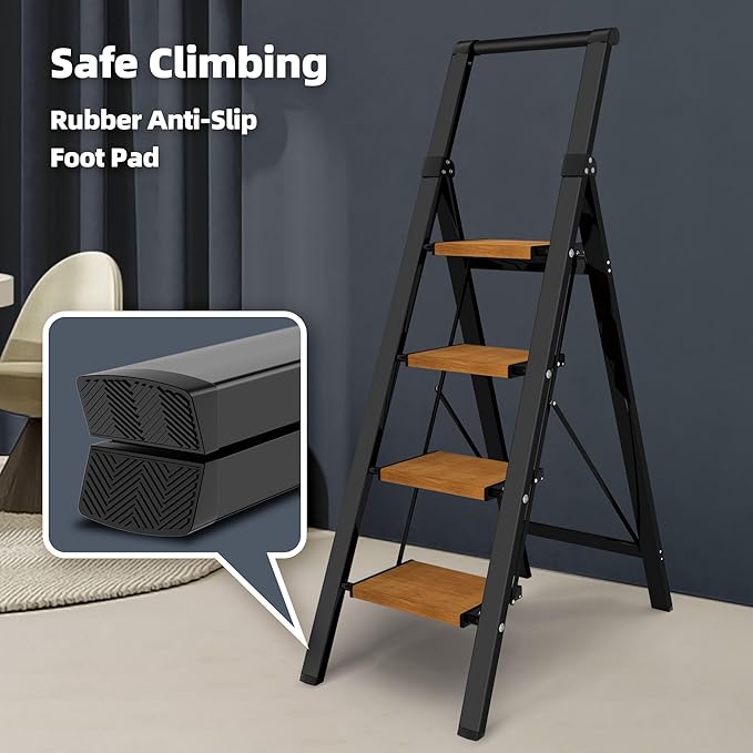 HillhutApex Step Ladder, Aluminum Lightweight Folding 4 Step Stool with Anti-Slip Wide Pedal, 330lbs Capacity Steel Ladder for Household and Office