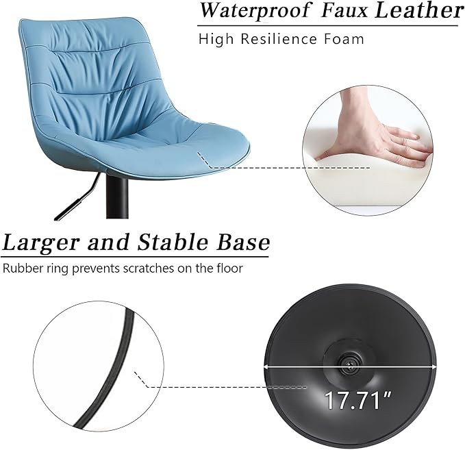 Kidol & Shellder Bar Stools Set of 2 Adjustable Swivel Blue, PU Leather Upholstered with Back, Modern Counter Height Stools for Kitchen Island, Home Bar