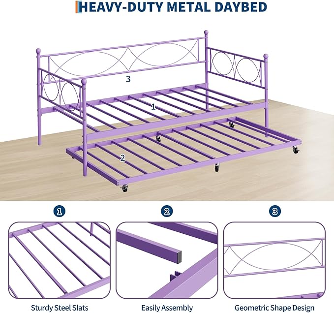 IDEALHOUSE Twin daybed with Trundle, Metal Twin Daybed and Trundle Set, Day Bed Sofa Bed Frame with Steel Slat Support, Multifunctional Daybed Frame for Bedroom (Purple Sets)