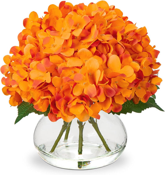 Hollyone Hydrangea Artificial Flowers in Vase Orange Silk Fake Flowers Arrangements with Glass Vase with Faux Water Faux Floral Bulk Bouquet for Office Table Centerpiece Shelf Home Decoration