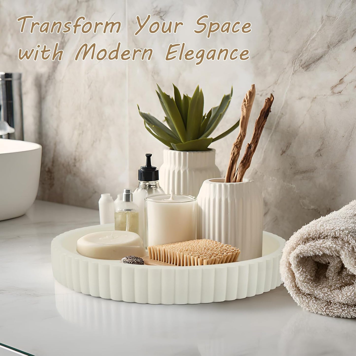 Round Decorative Tray for Coffee Table Decor-Modern Home Decor Tray-Concrete Coffee Table Serving Tray-Centerpiece Table Tray-Ottoman,Vanity, Bathroom, Kitchen,Dresser (White)