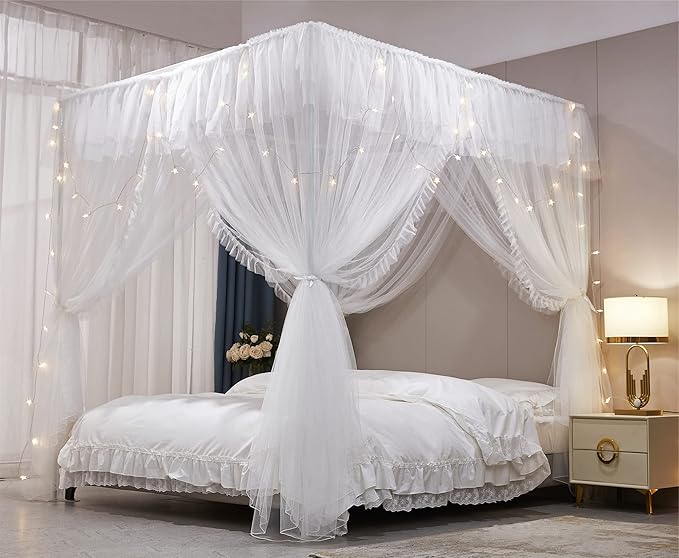 VETHIN 4 Corners Post Ruffle Princess Bed Canopy Curtain-Double Layer Cozy Drape Netting 4 Opening Mosquito Net for Girls Adults Bedroom Decoration (White/White, 47" W*78" L*82" H/Twin)