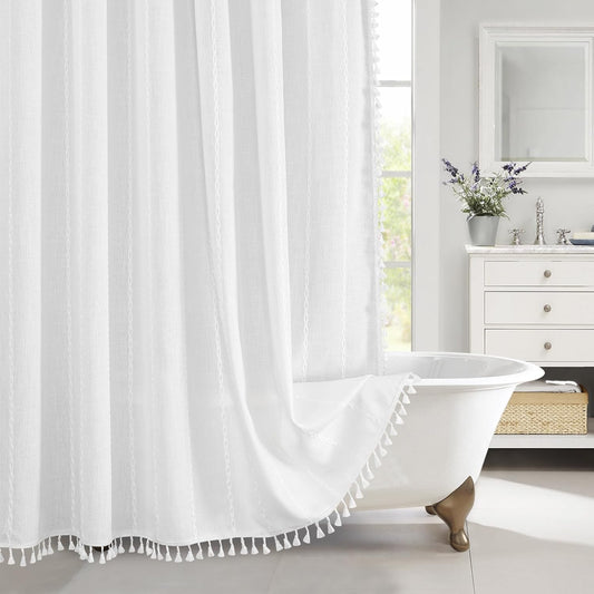 MitoVilla Boho Farmhouse Shower Curtains for Modern Farmhouse Bathroom Decor, White Country Thick Polyester Linen Fabric Shower Curtain, Rustic Tassel Cloth Shower Curtain, 72 x 72, White