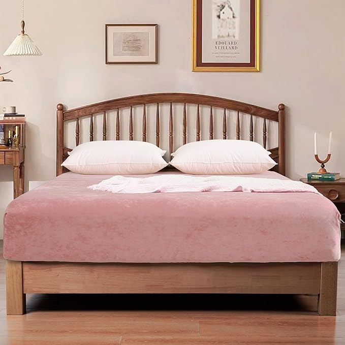 PHF Truly Velvet Fitted Sheet Only King Size, Luxury Super Soft Cozy Fuzzy Fleece Bottom Sheet, Deep Pocket Up to 16",Strenghth Elastic Band, Suitable for Fall Winter Spring, No Pillowcases, Pink