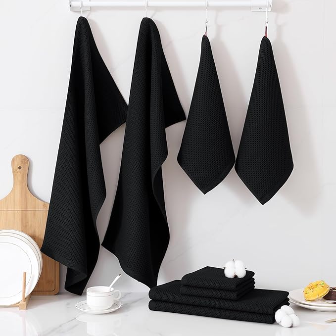 Homaxy 100% Cotton Kitchen Towels and Dishcloths Set, 12 x 12 Inches and 13 x 28 Inches, Set of 8 Bulk Kitchen Towels Set, Ultra Soft Absorbent Dish Cloths for Washing Dishes, Black