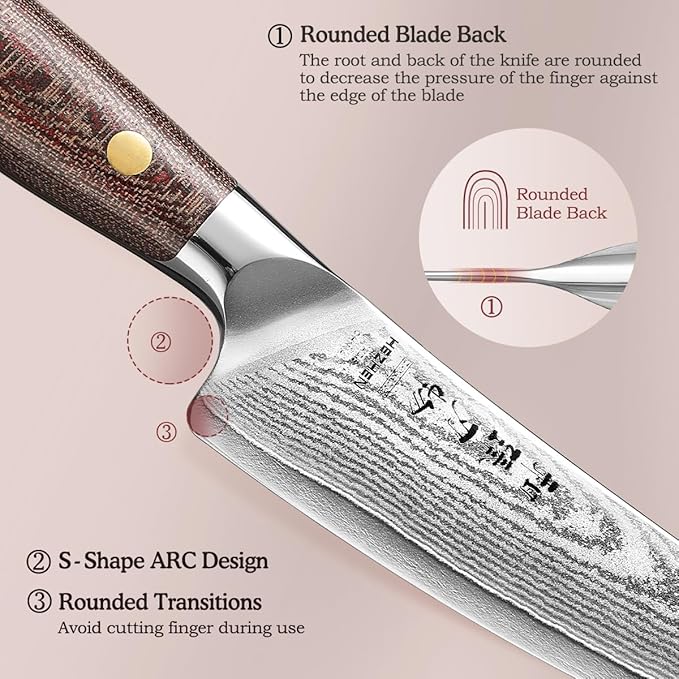 HEZHEN 5.3 Inches All Purpose Kitchen Knife with Sheath, 67 Layers Damascus Steel Kitchen Utility Knife for Cooking Preparation, Petty Knife, Micarta Handle,Gift Ready
