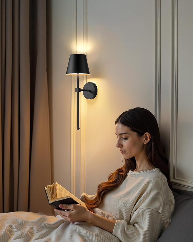 KDG Cordless Wall Sconces Set of 2, Wireless 5200mAh Rechargeable Battery LED Wall Lamps, Wall Lightings for Wall Painting, Outdoor, Garden, Living Room, Bedside, Hallway, Gifts, Night Light (Black)