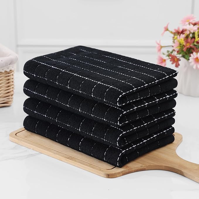 Homaxy 100% Cotton Terry Kitchen Towels(Black, 20 x 28 inches), Checkered Designed, Soft and Super Absorbent Dish Towels, Large 4 Pack
